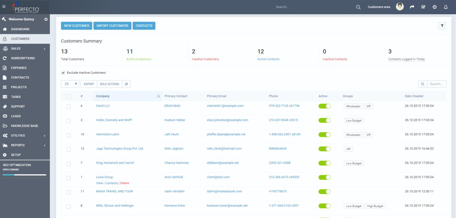 PerfectoCRM customer management interface