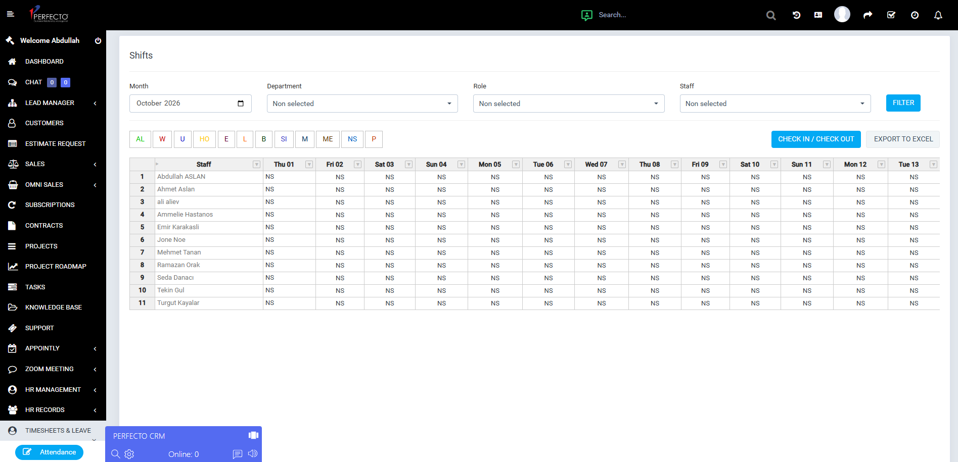 PerfectoCRM Personel vardiya tablosu