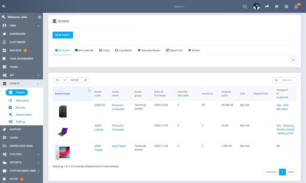 PerfectoCRM varlık yönetimi listesi