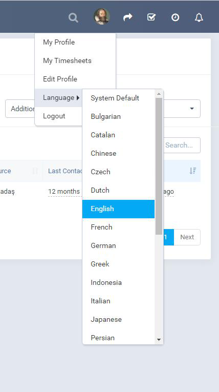 PerfectoCRM kullanıcı dil ayarları