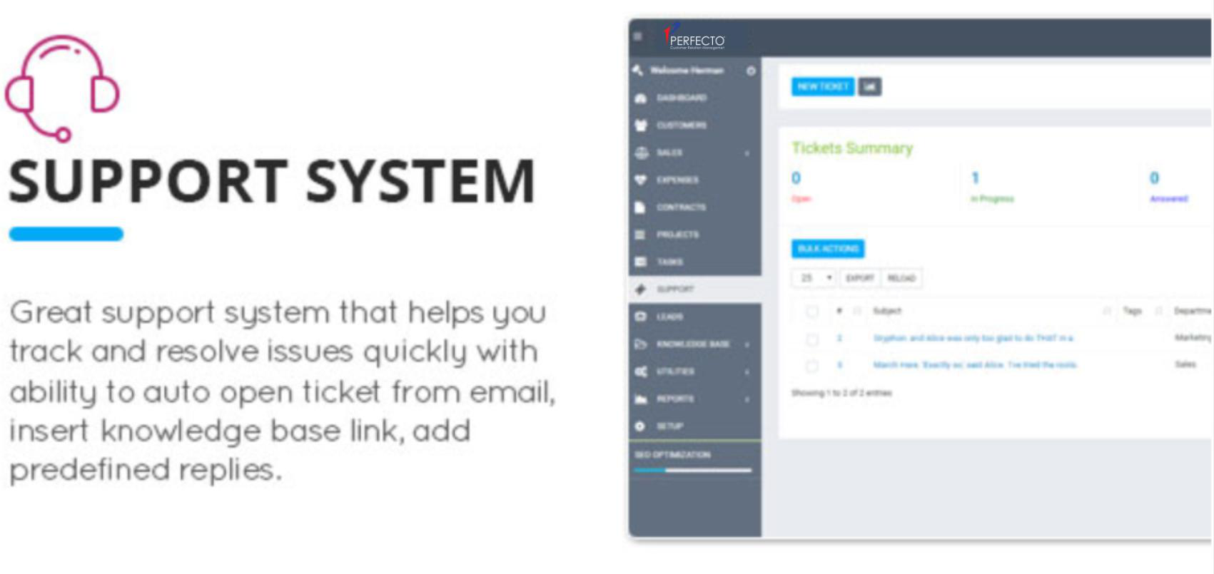 PerfectoCRM destek talebi arayüzü