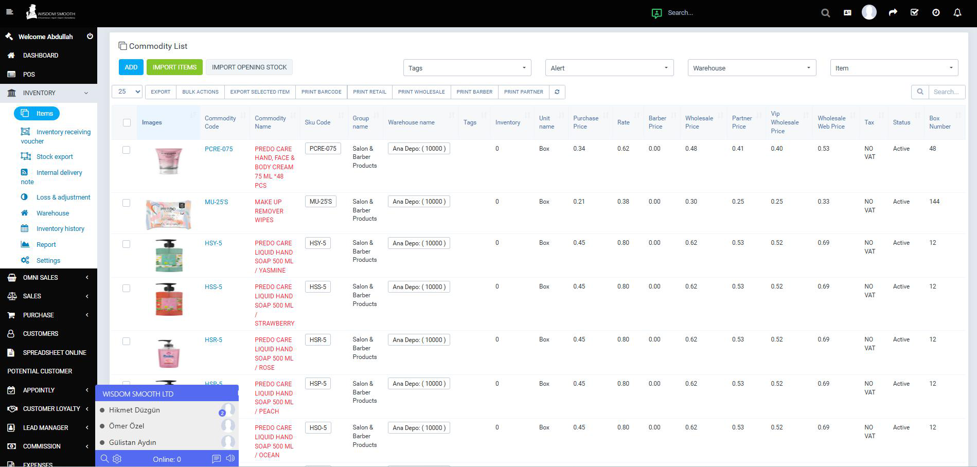 Actual PerfectoCRM inventory and warehouse management interface